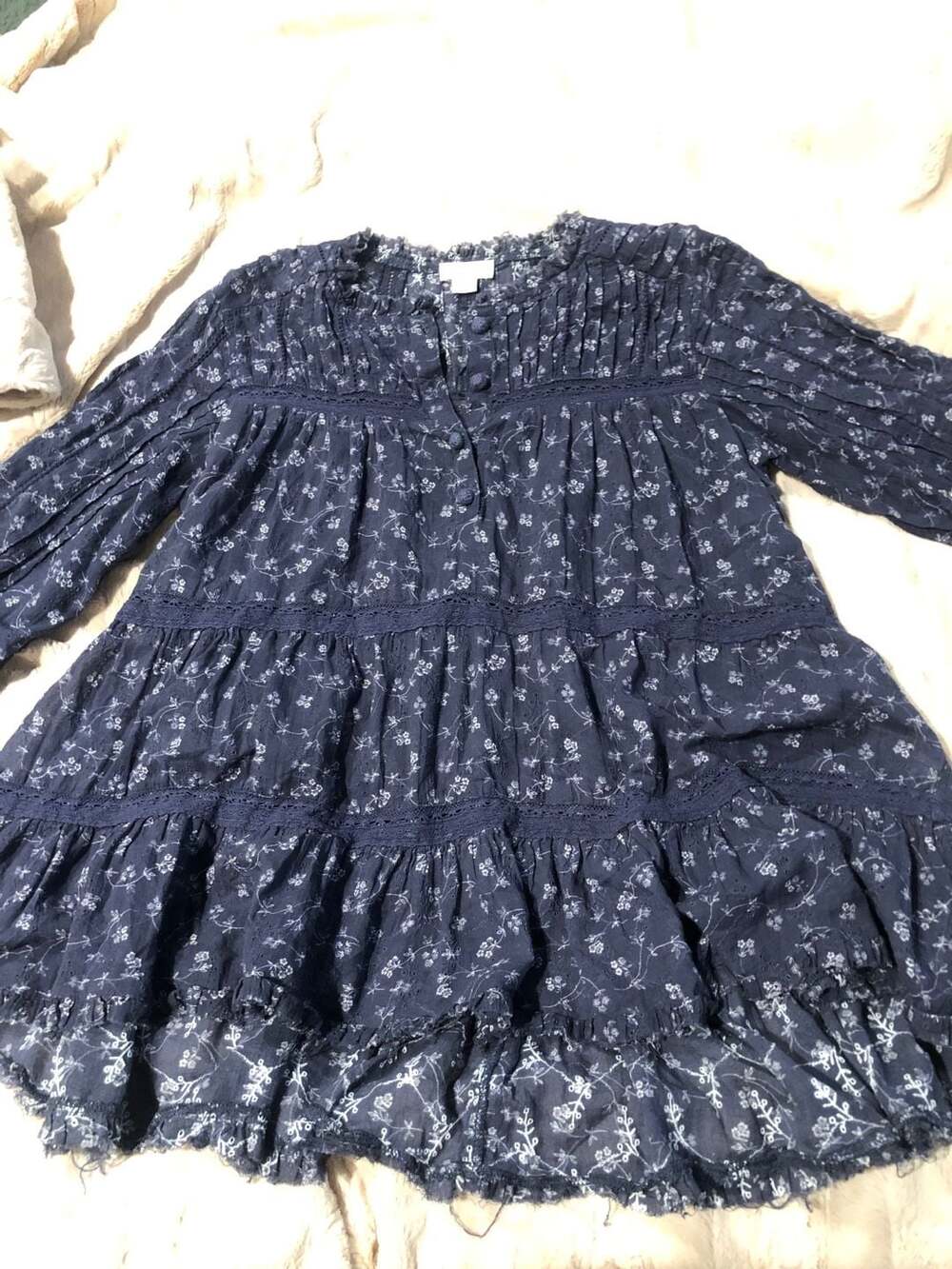 Sundance Mylah Floral Tiered Ruffle Tunic Blouse in Navy Blue